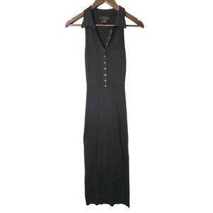 House of Harlow Black Ribbed Knit Polo Midi Dress Sleeveless Henley Womens M